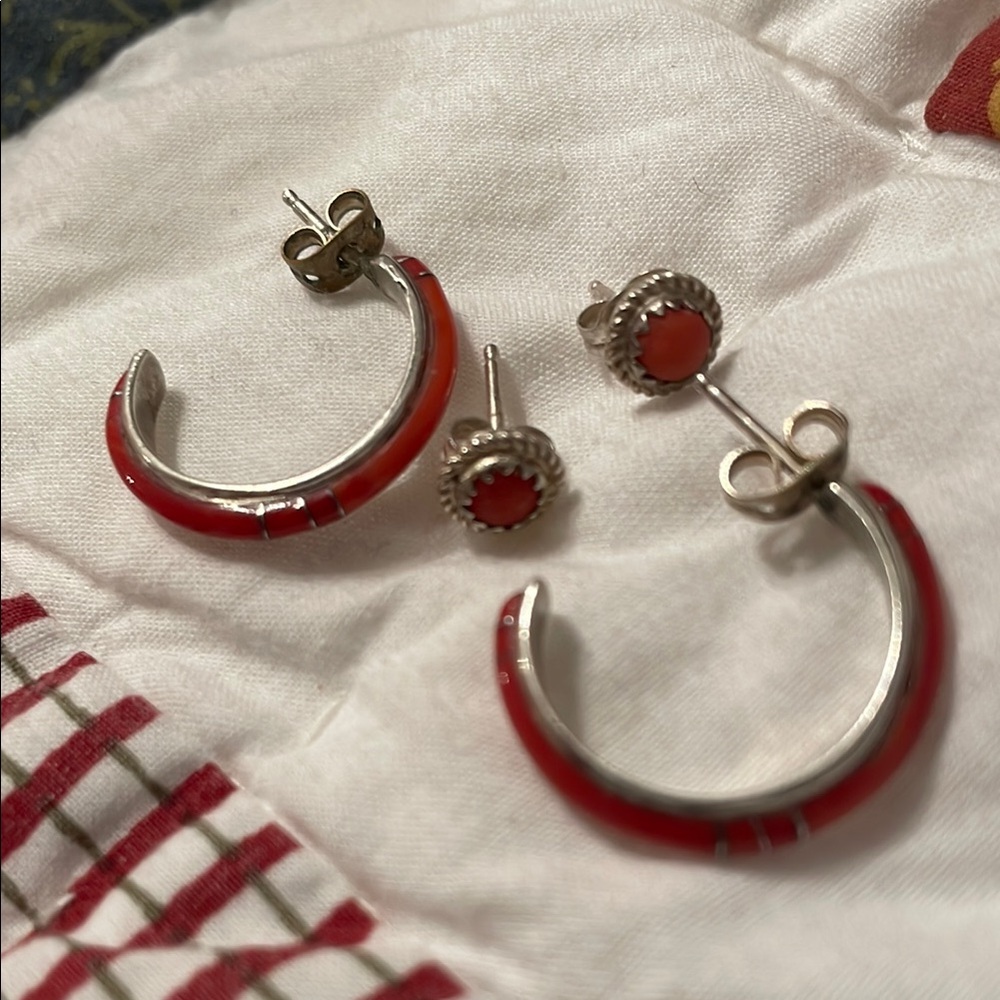 Elegant Red Jasper Hoop Sterling Earrings and Matching Studs Stamped Sterling